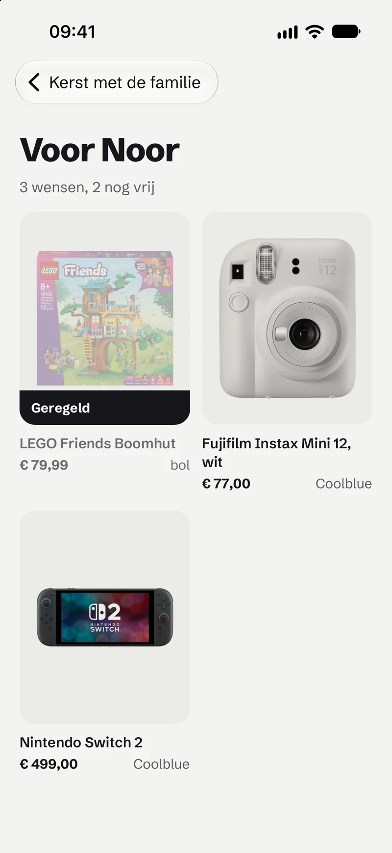The list for Noor, with LEGO, an Instax camera and a Nintendo Switch